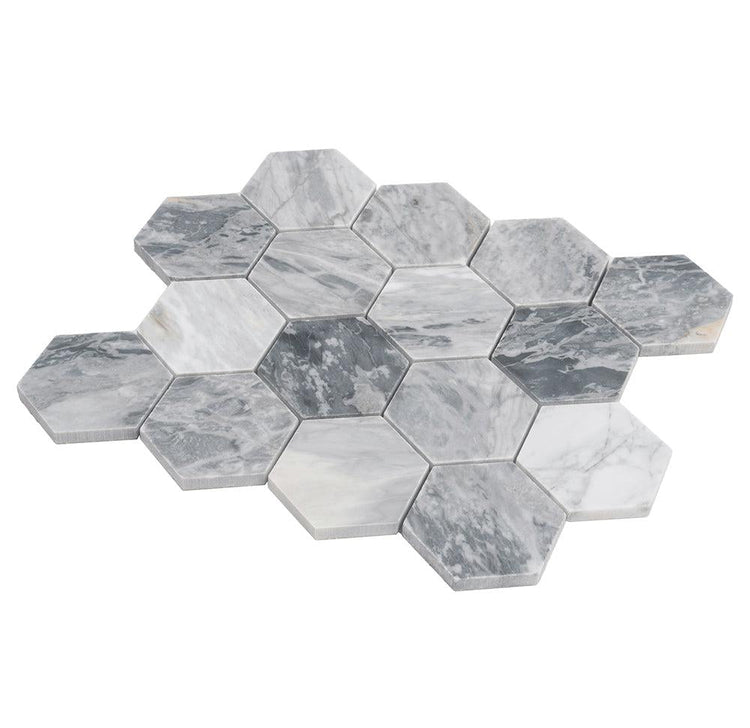 3" Calacatta Bluette Hexagon Honed Marble Mosaic Tile