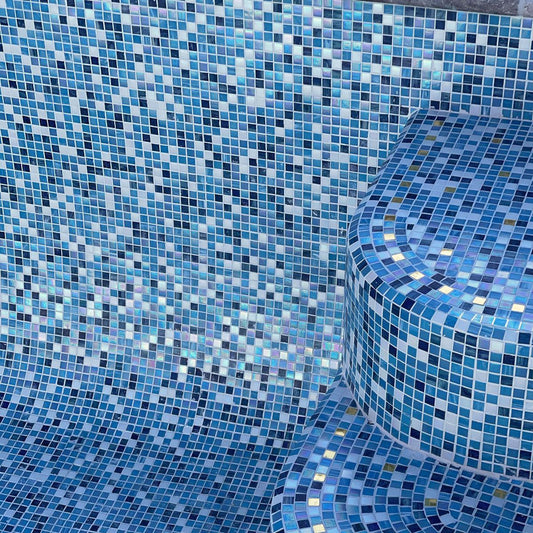 Dolphin Bay Blue and White Mixed Glass Mosaic Pool Tile