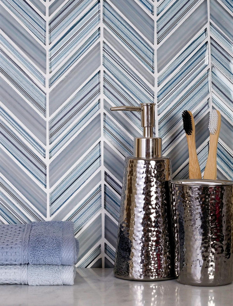 Blue Glass Chevron Mosaic tile for a bathroom wall