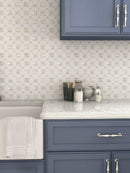 Blue and White Farmhouse Kitchen with White Marble and Shell Backsplash Tile