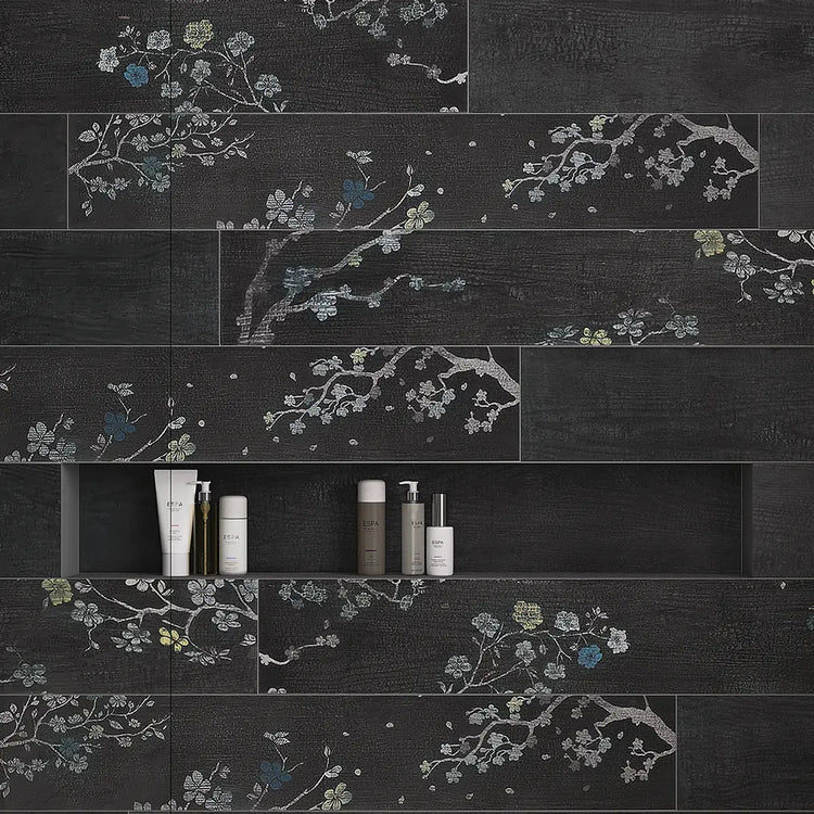 Kasai Notte Sakura Patterned Porcelain Tile Shower Wall