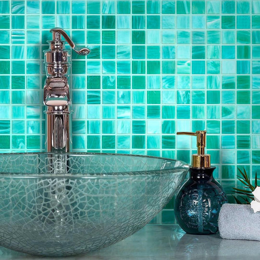 Mixed Blue Green Swirls Glossy Squares Glass Bathroom Tile