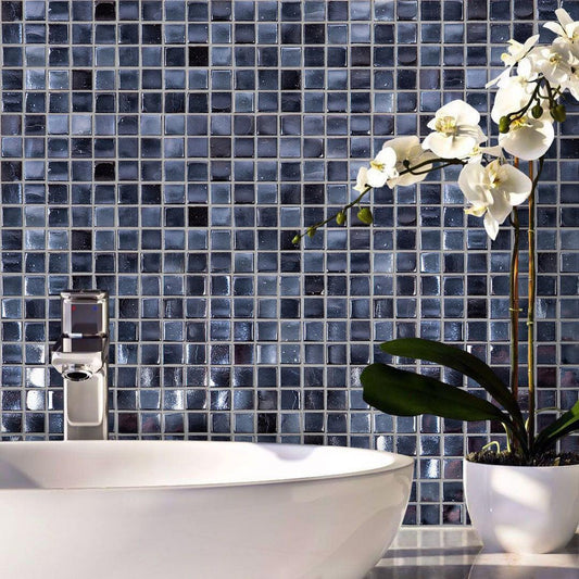 Pearly Denim Blue Glossy Squares Glass Pool Tile