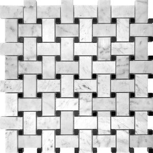 Large Carrara Basket Weave Tile with Black Dots Sample