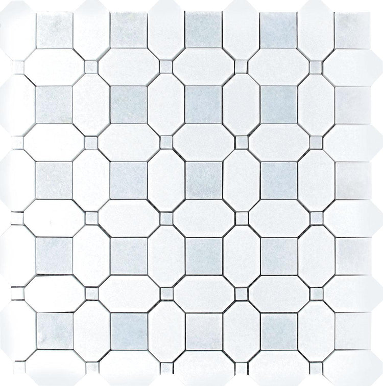 12.2" x 12.2" Thassos Octagon With Azul Cielo Squares Marble Mosaic Tile | SQUARES MARBLE MOSAIC TILE