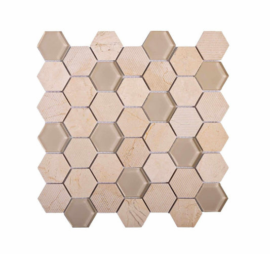 Textured Crema Marfil And Glass Hexagon Mosaic Tile Sample