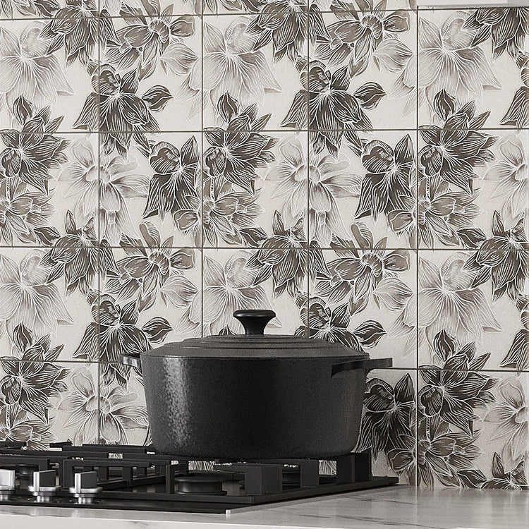 Bluma Floral Gray Etched Marble Mosaic Backsplash