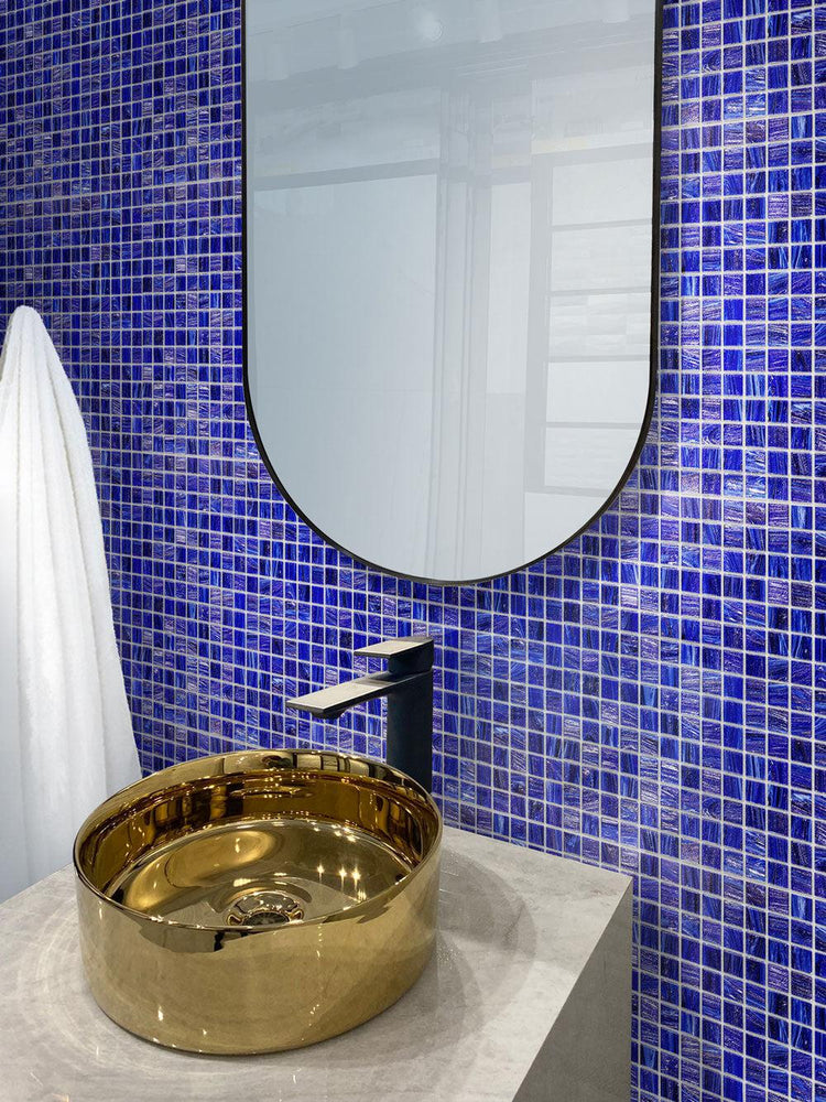 Brushed Navy Blue Squares Glass Pool Tile Bathroom Backsplash