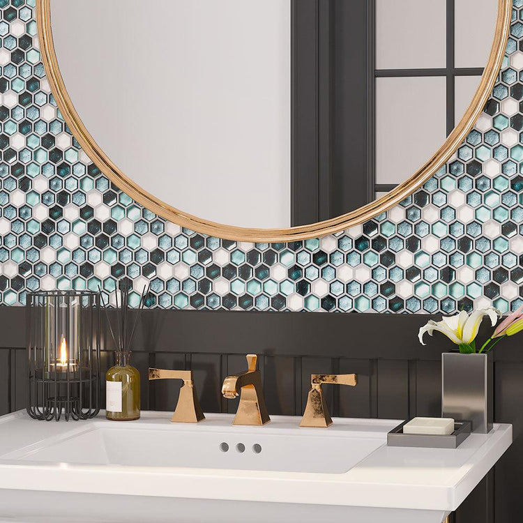 White Sink With Bronze Faucet on Emerald Hexagon Glass Wall Background