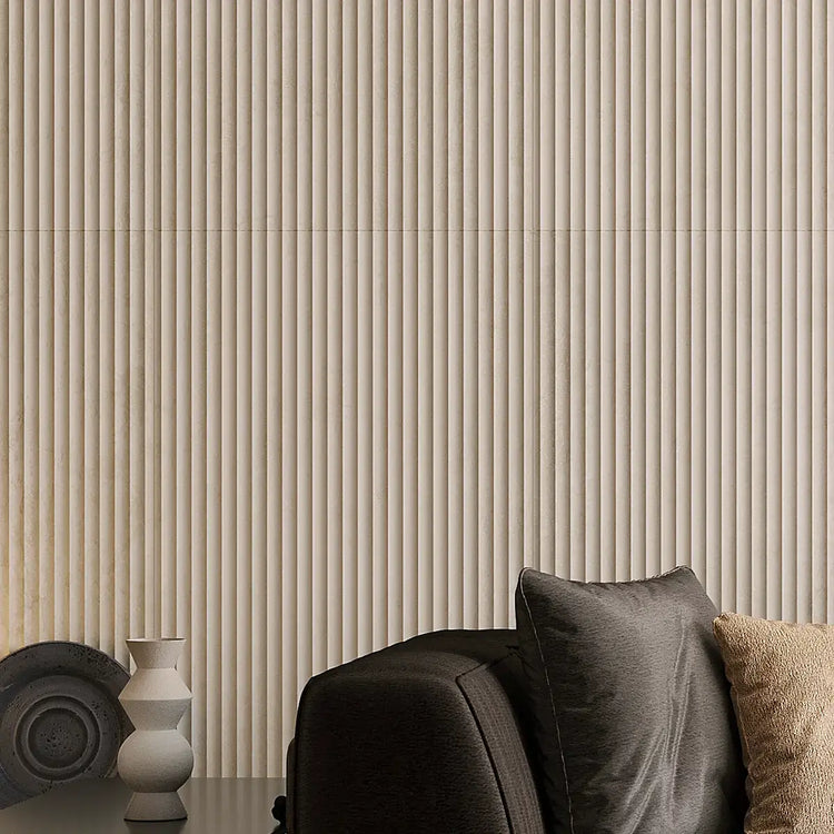 Beige fluted accent wall tile in porcelain with stone look details