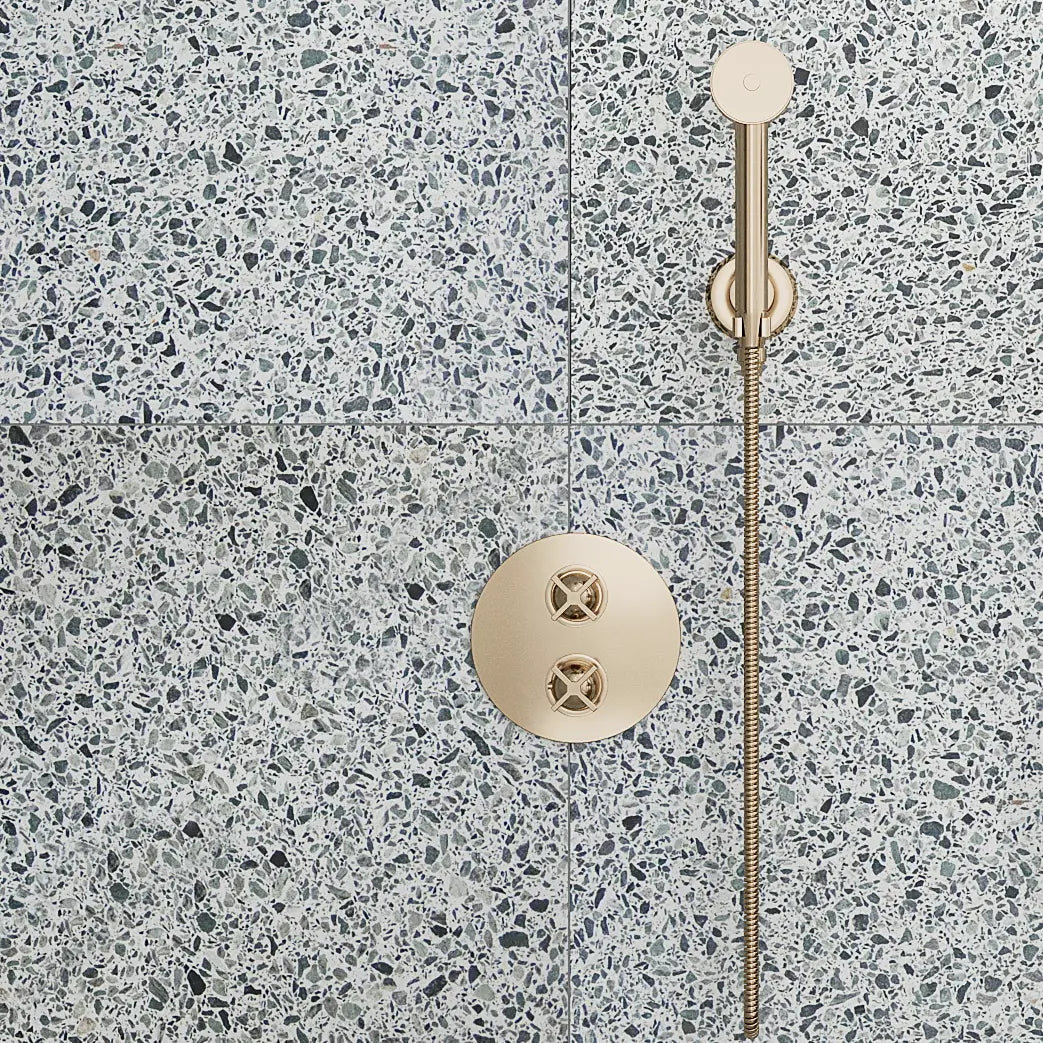 Forest Green Terrazzo Concrete Tile Shower with Brass Hardware