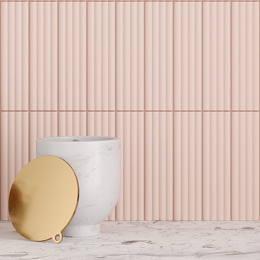 Groove Pink Deco Matte Ceramic Subway Tile Accent Wall