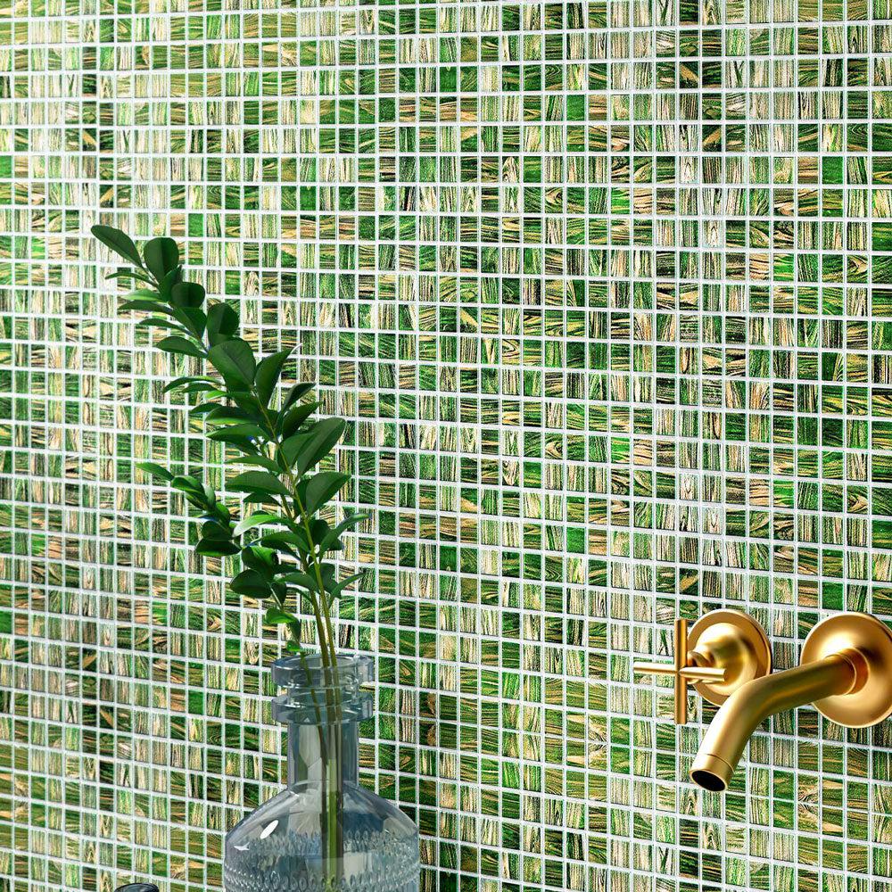 Jungle Green & Brown Squares Glass Pool Tile