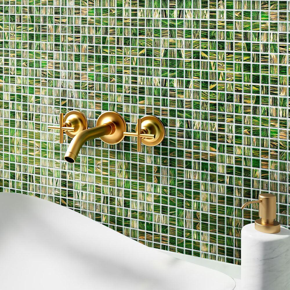 Jungle Green & Brown Squares Glass Pool Tile