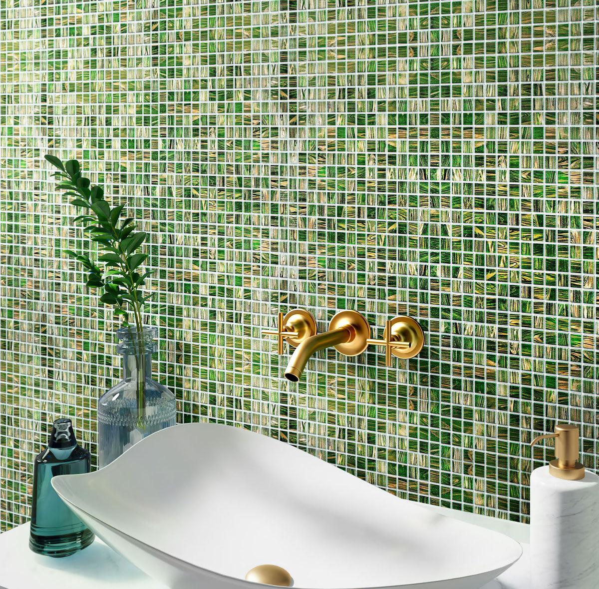Bathroom backsplash cowered with Jungle Green & Brown Squares Glass Pool Tile