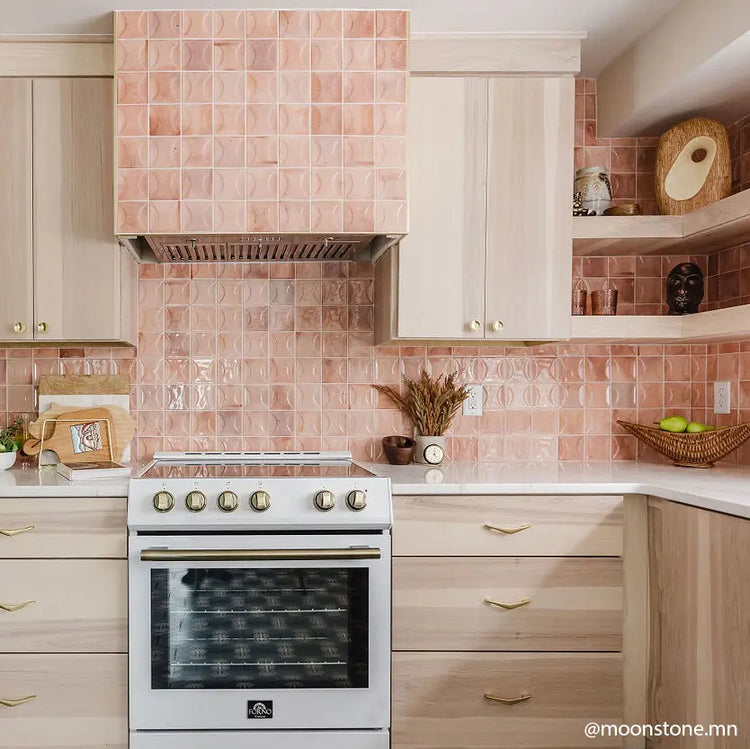 Textured pink kitchen tile with open shelving