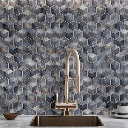 Prism Storm Beveled Hexagon Cast Glass Mosaic Tile Kitchen Backsplash behind the Sink