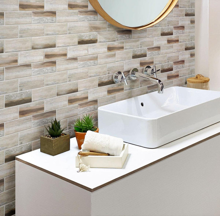 Wood look glass subway tile bathroom wall backsplash