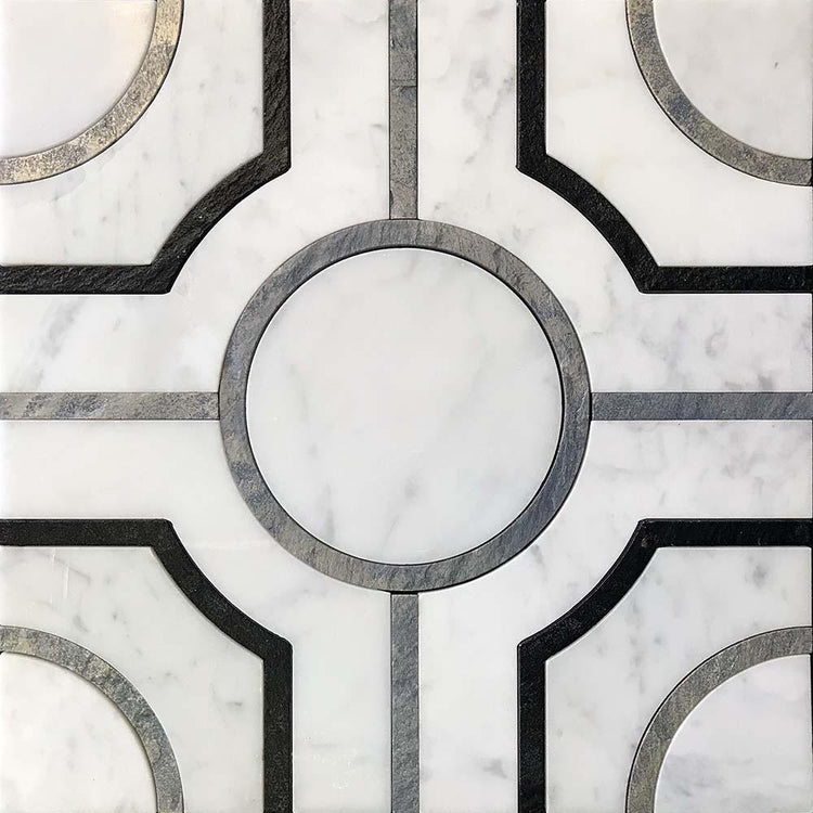 Roman Crossroads White Waterjet Mosaic With Silver Lines | 12" x 12" bianco carrara waterjet mosaic