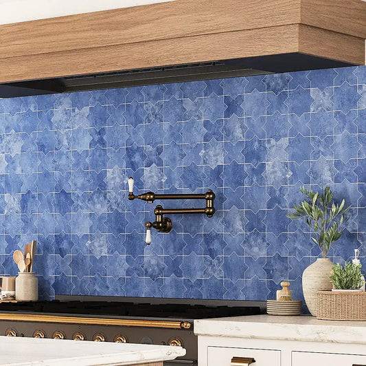 Santa Barbara Sky Blue Star and Cross Ceramic Tile Kitchen Backsplash