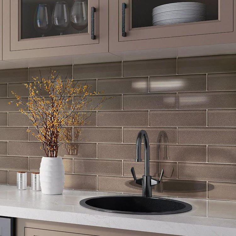 Dark Gray Glass Subway tiles on the kitchen wall