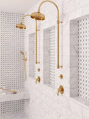 Marble Walk In Shower with Thassos Octagon With Azul Cielo Squares Marble Mosaic Tile Niche and Accent Wall